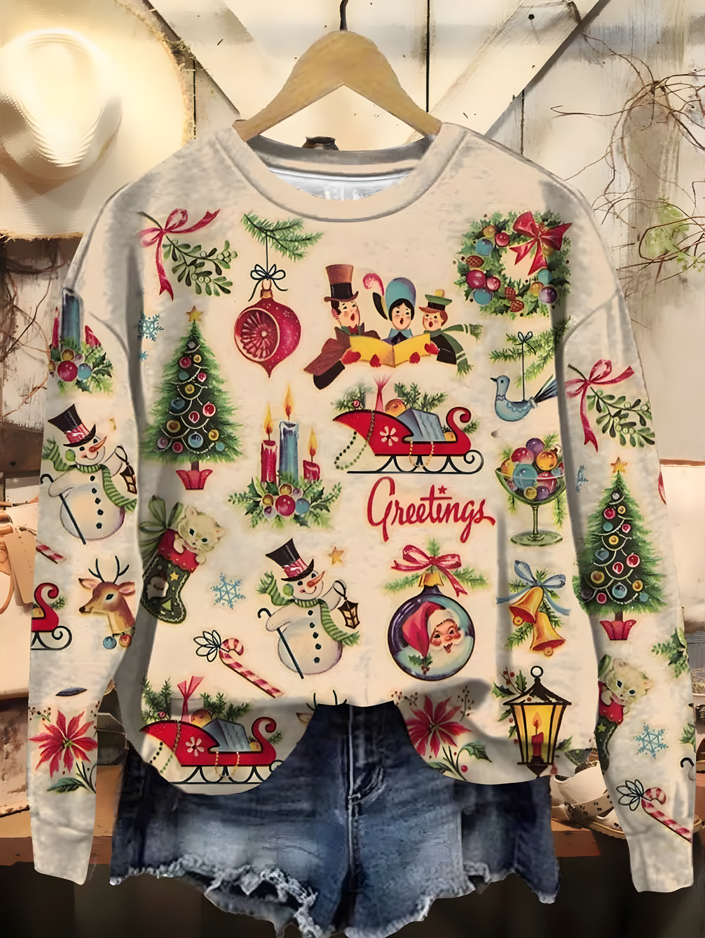 Loose Long Sleeve Crew Neck Christmas Snowman Casual Regular Sweatshirt
