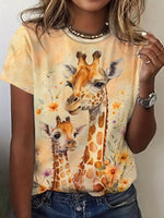 Loose Short Sleeve Crew Neck Deer Casual Regular T-Shirt