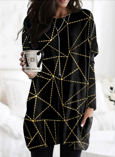 Vintage Long Sleeve Crew Neck Geometric Mid-Long T-Shirt