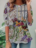 Casual Long Sleeve Crew Neck Floral Loose Regular Blouse