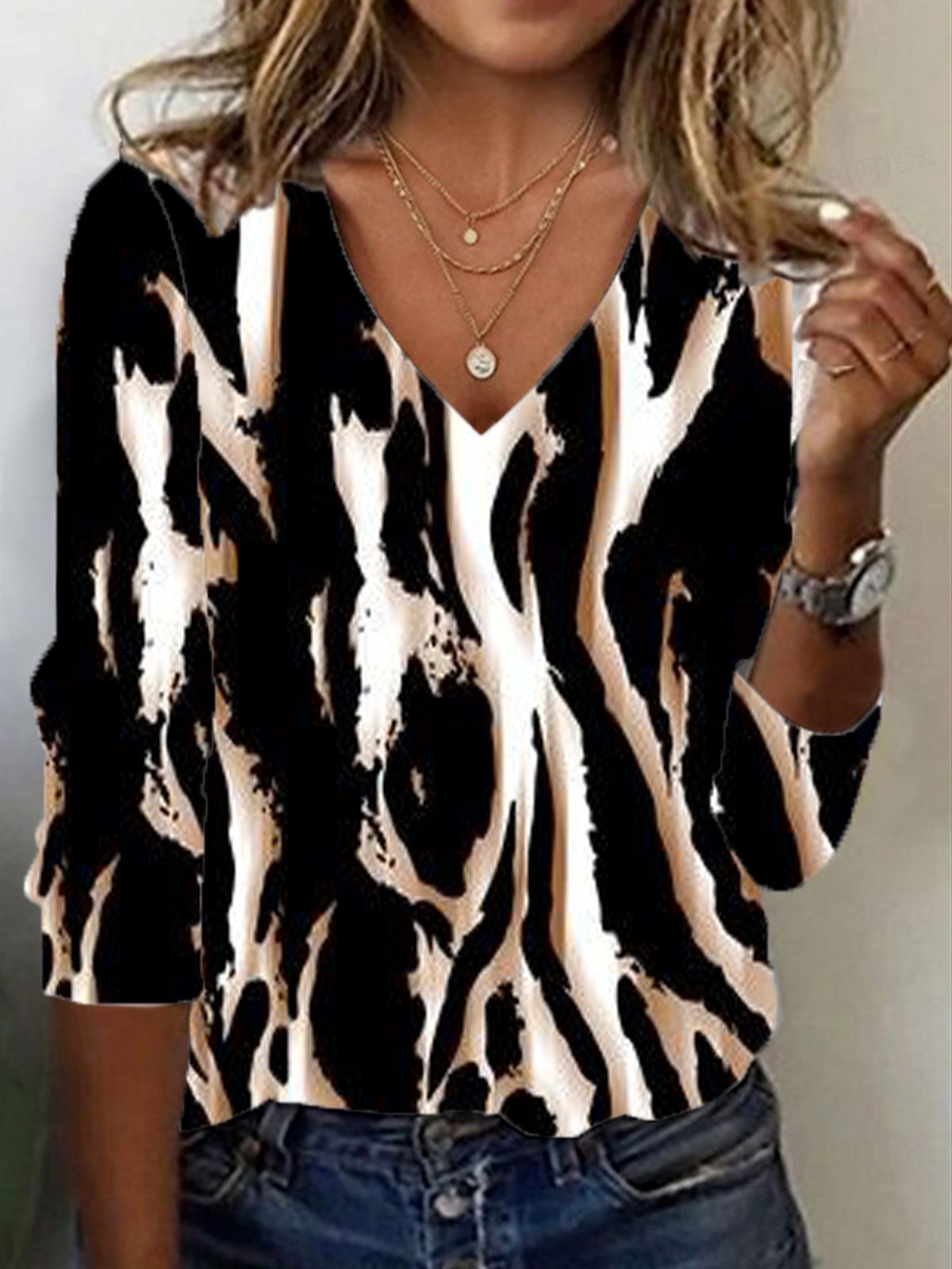 Casual Long Sleeve V Neck Leopard Regular T-Shirt
