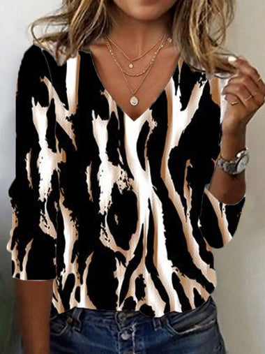 Casual Long Sleeve V Neck Leopard Regular T-Shirt