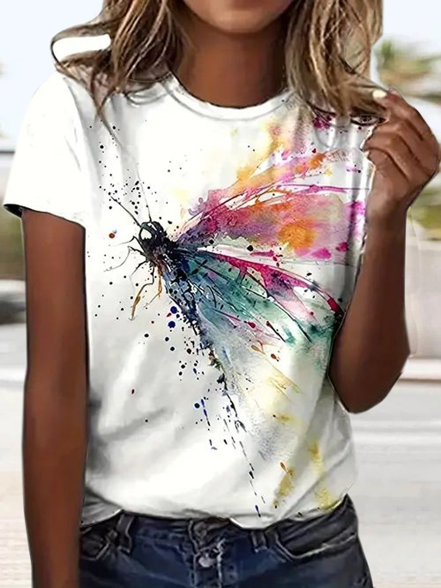 Casual Short Sleeve Crew Neck Dragonfly Loose Regular T-Shirt