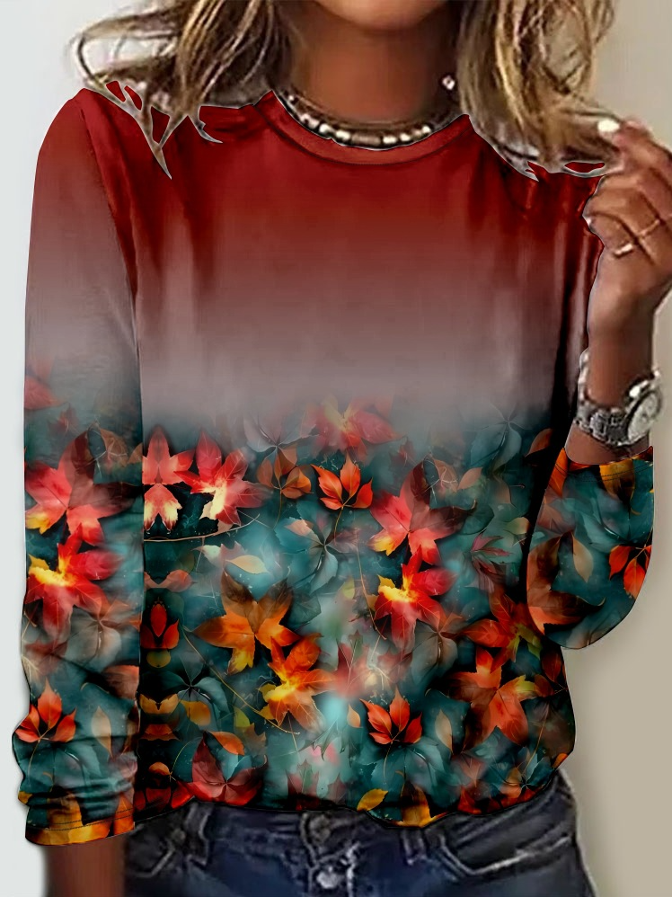 Casual Long Sleeve Crew Neck Maple Leaf Loose Regular T-Shirt