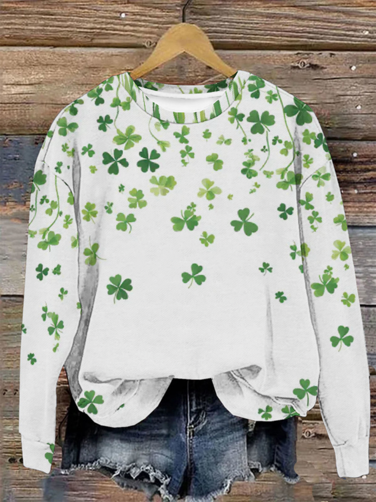 Loose Long Sleeve Crew Neck Four-Leaf Clover Casual Regular Sweatshirt