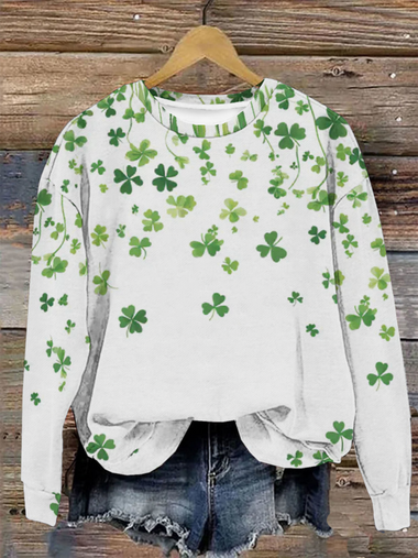 Casual Long Sleeve Crew Neck Four-Leaf Clover Loose Regular Sweatshirt