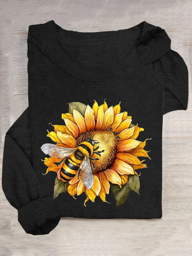 Casual Long Sleeve Crew Neck Sunflower Loose Regular T-Shirt