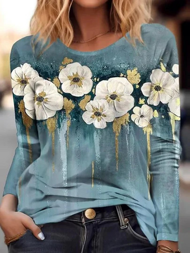 Loose Long Sleeve Crew Neck Floral Casual Regular T-Shirt
