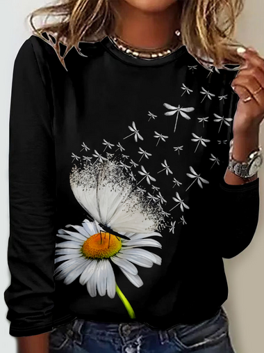 Loose Long Sleeve Crew Neck Floral Casual Regular T-Shirt