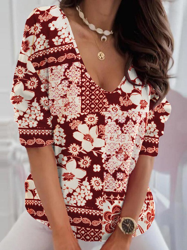 Loose Long Sleeve V Neck Ethnic Floral Casual Regular T-Shirt