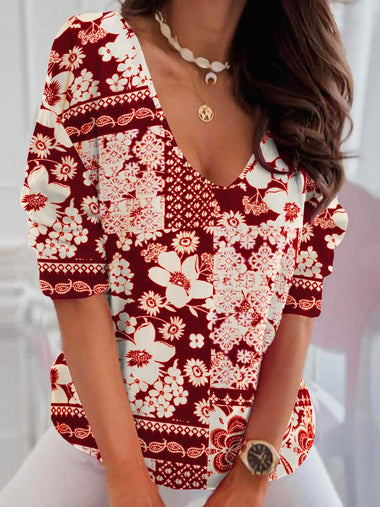 Loose Long Sleeve V Neck Ethnic Floral Casual Regular T-Shirt