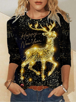 Casual Long Sleeve Crew Neck Christmas Loose Regular T-Shirt