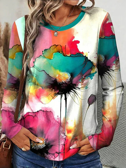 Loose Long Sleeve Crew Neck Floral Casual Regular T-Shirt