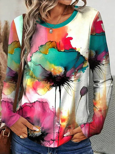 Loose Long Sleeve Crew Neck Floral Casual Regular T-Shirt