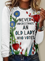 Casual Long Sleeve Crew Neck Floral Text Letters Loose Regular Blouse