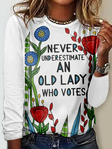 Casual Long Sleeve Crew Neck Floral Text Letters Loose Regular Blouse