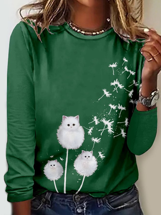 Casual Long Sleeve Crew Neck Dandelion Loose Regular T-Shirt