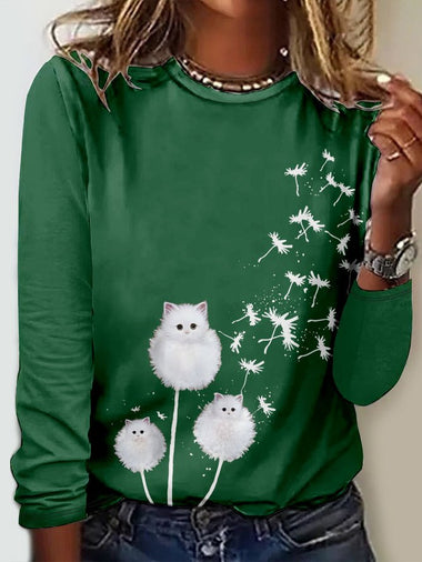 Casual Long Sleeve Crew Neck Dandelion Loose Regular T-Shirt