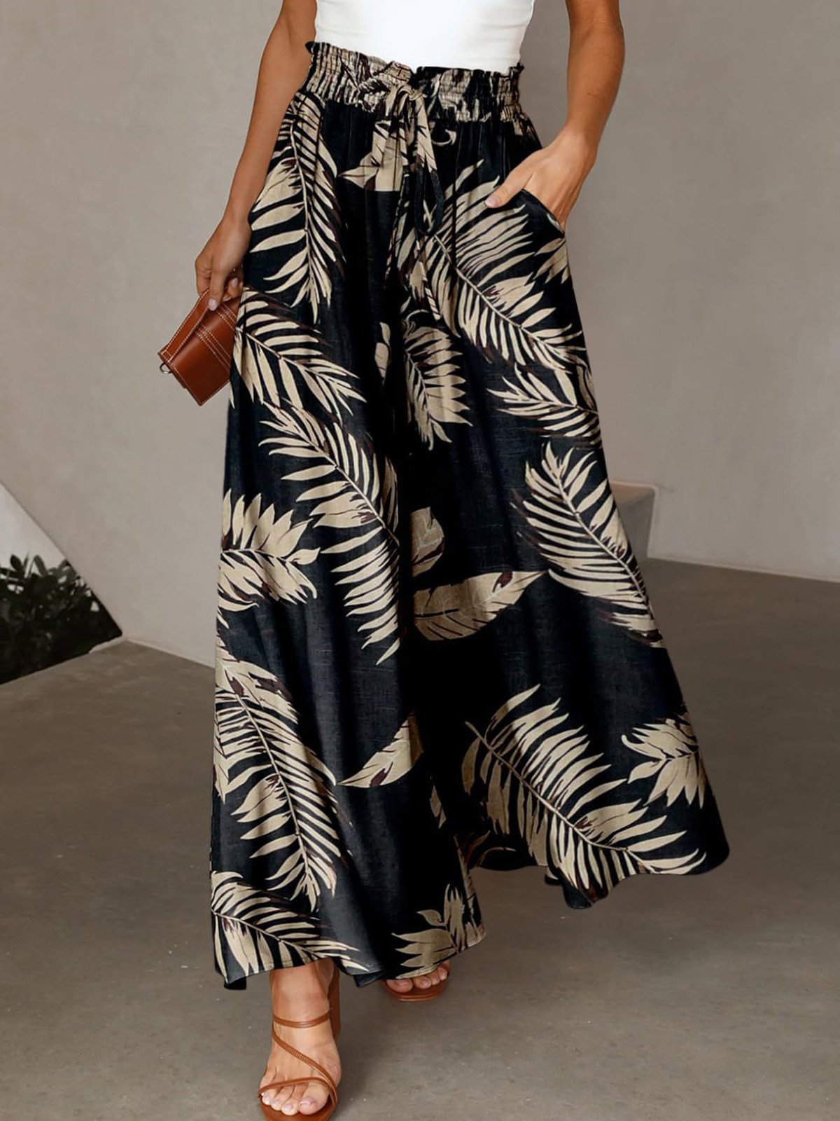 Casual Leaf Loose Long Pants