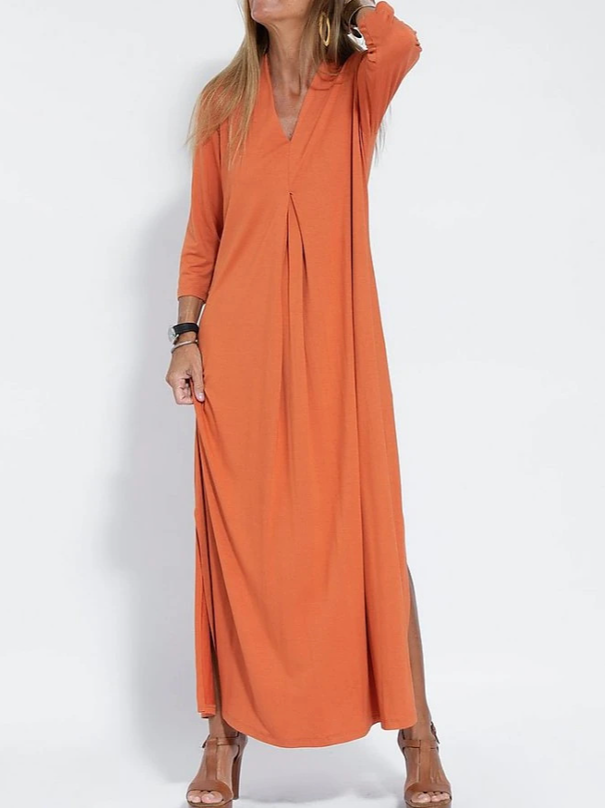 Casual Long Sleeve V Neck Plain Loose Maxi Dress