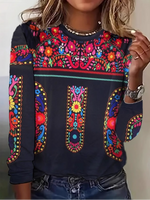 Loose Long Sleeve Crew Neck Ethnic Floral Casual Regular T-Shirt