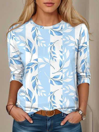 Loose Long Sleeve Crew Neck Striped Casual Regular T-Shirt