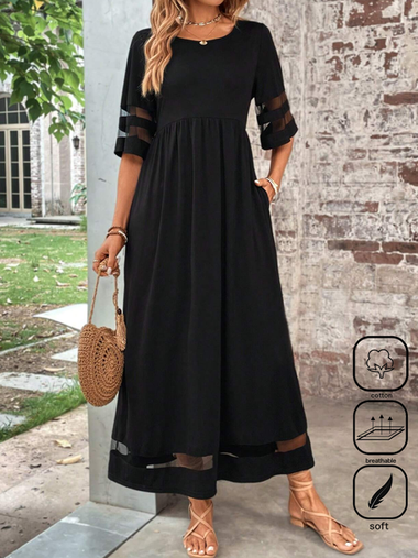 Casual Short Sleeve Crew Neck Plain Loose Maxi Dress