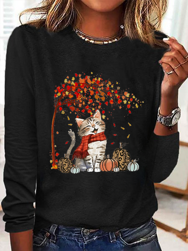 Long Sleeve Crew Neck Cat Casual Regular Blouse