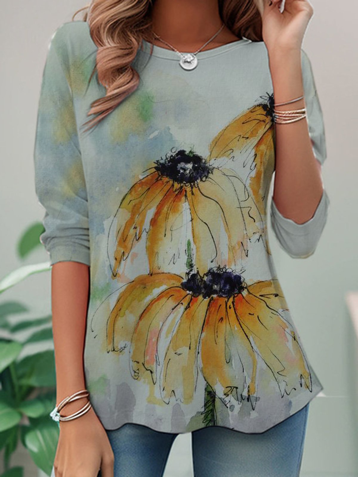 Casual Long Sleeve Crew Neck Daisy Loose Regular T-Shirt