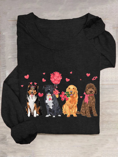 Loose Long Sleeve Crew Neck Dog Casual Regular T-Shirt