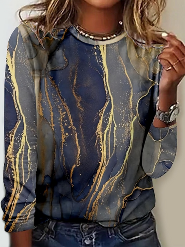 Long Sleeve Crew Neck Abstract Casual Regular Blouse