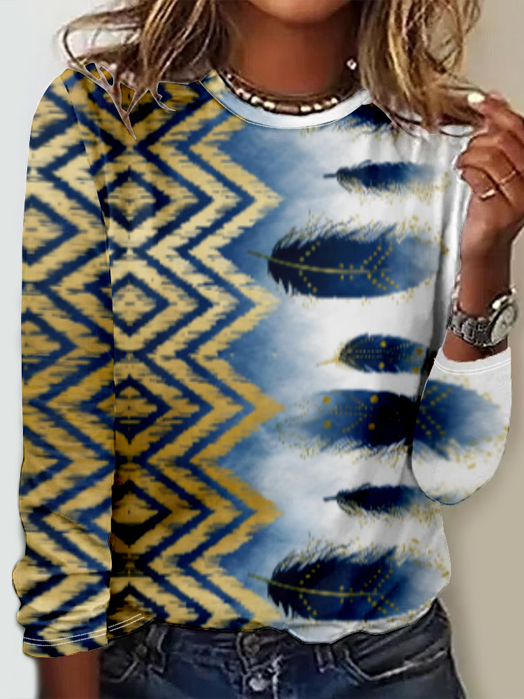 Loose Long Sleeve Crew Neck Abstract Casual Regular T-Shirt