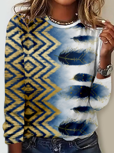 Loose Long Sleeve Crew Neck Abstract Casual Regular T-Shirt