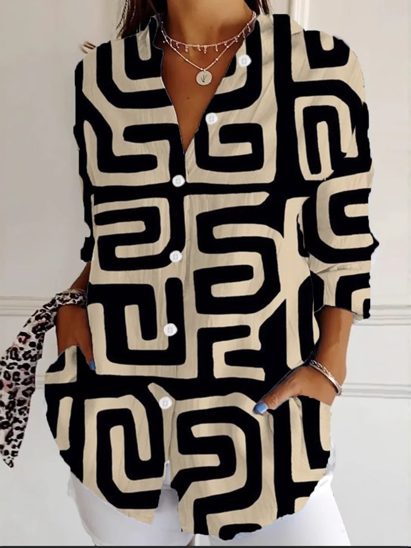 Casual Long Sleeve Shirt Collar Abstract Loose Regular Shirt