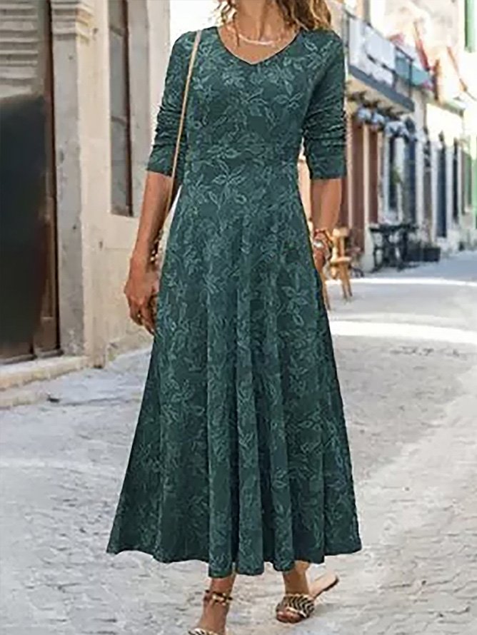 Casual Long Sleeve Hoodie Floral Loose Maxi Dress