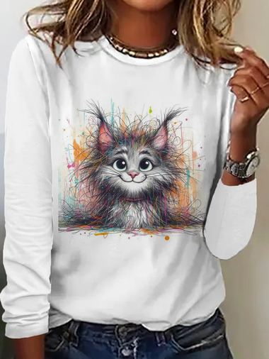 Casual Long Sleeve Crew Neck Cat Loose Regular T-Shirt