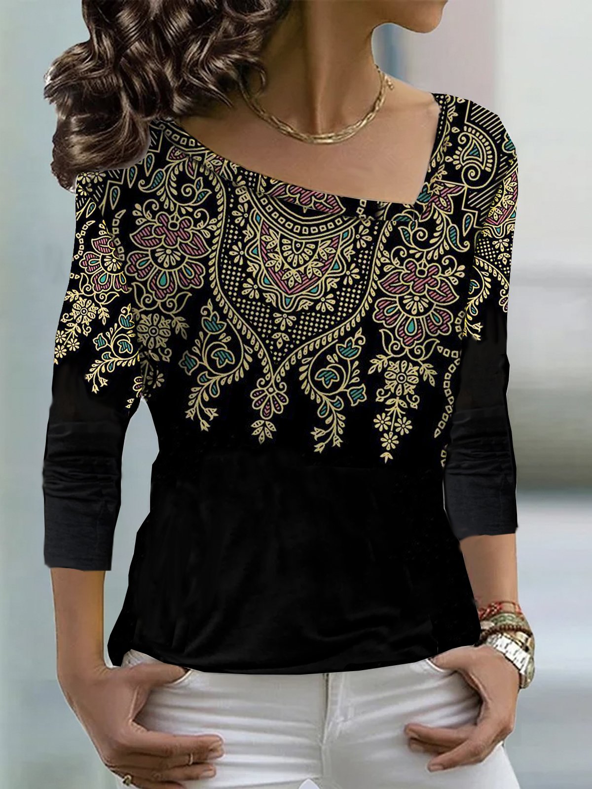 Loose Long Sleeve Asymmetrical Ethnic Casual Regular T-Shirt