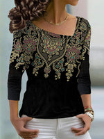 Loose Long Sleeve Asymmetrical Ethnic Casual Regular T-Shirt