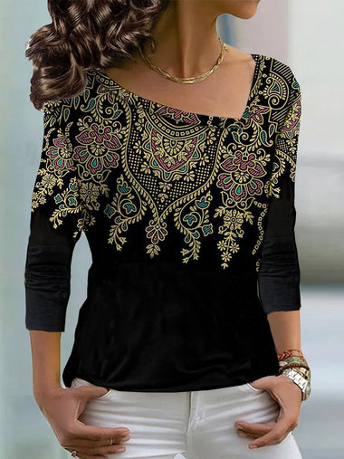 Loose Long Sleeve Asymmetrical Ethnic Casual Regular T-Shirt
