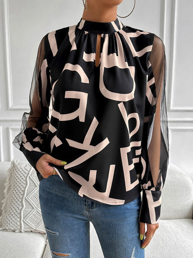 Long Sleeve Stand Collar Abstract Casual Regular Blouse