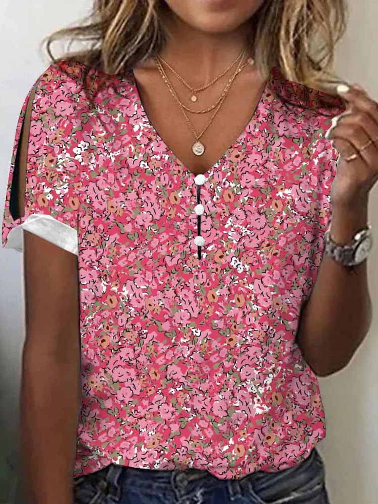 Casual Short Sleeve Floral Loose Regular Blouse