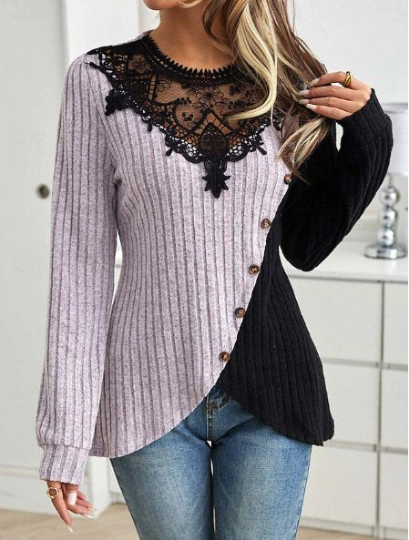 Casual Long Sleeve Crew Neck Color Block Loose Regular Blouse