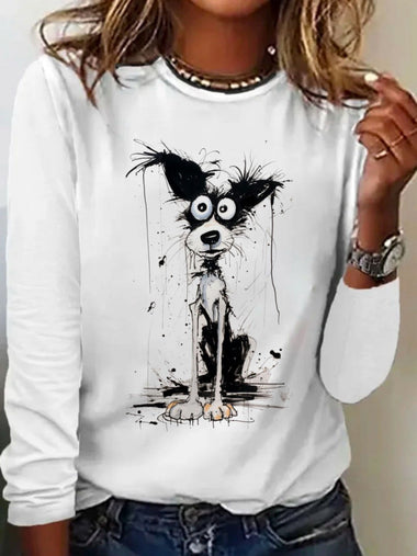 Loose Long Sleeve Crew Neck Dog Casual Regular T-Shirt