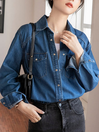 Loose Long Sleeve Shirt Collar Plain Casual Regular Blouse