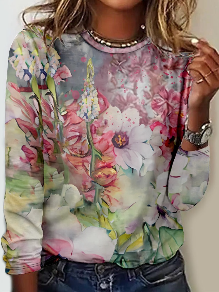 Casual Long Sleeve Crew Neck Floral Loose Regular T-Shirt