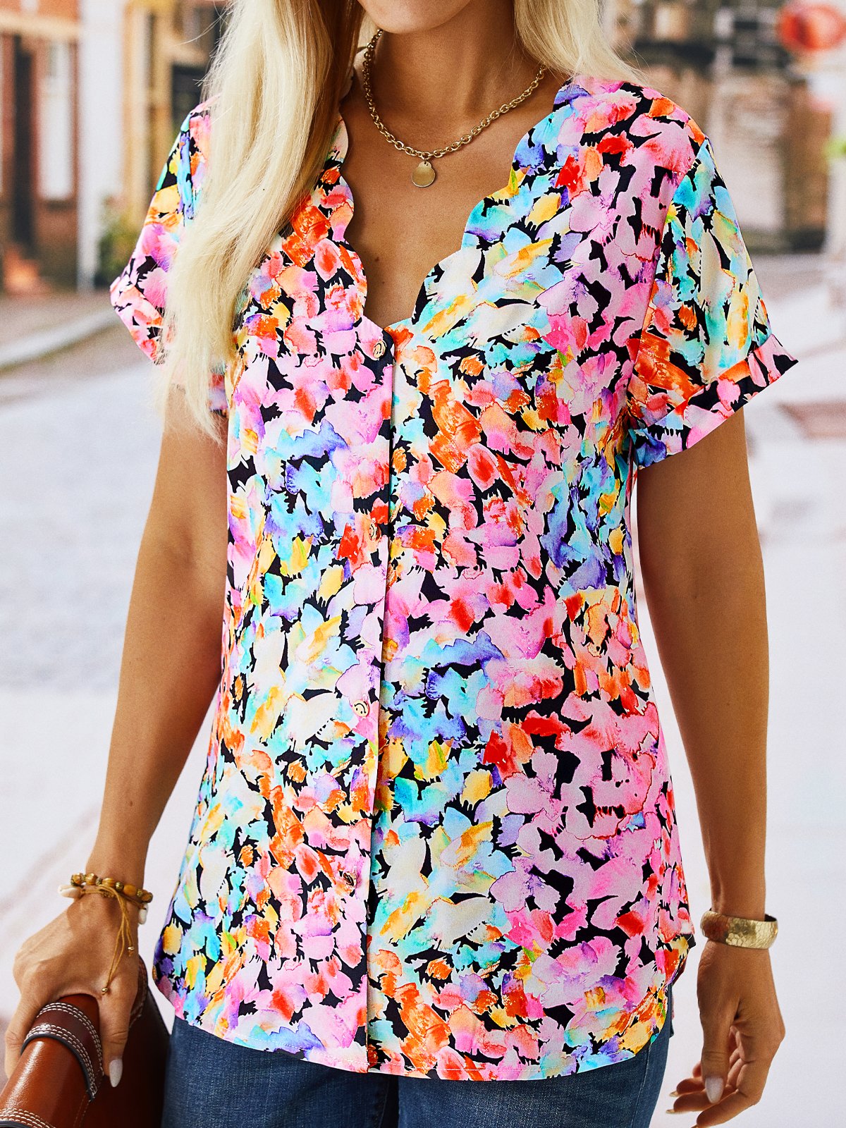 Casual Short Sleeve Shirt Collar Floral Loose Regular Shirt
