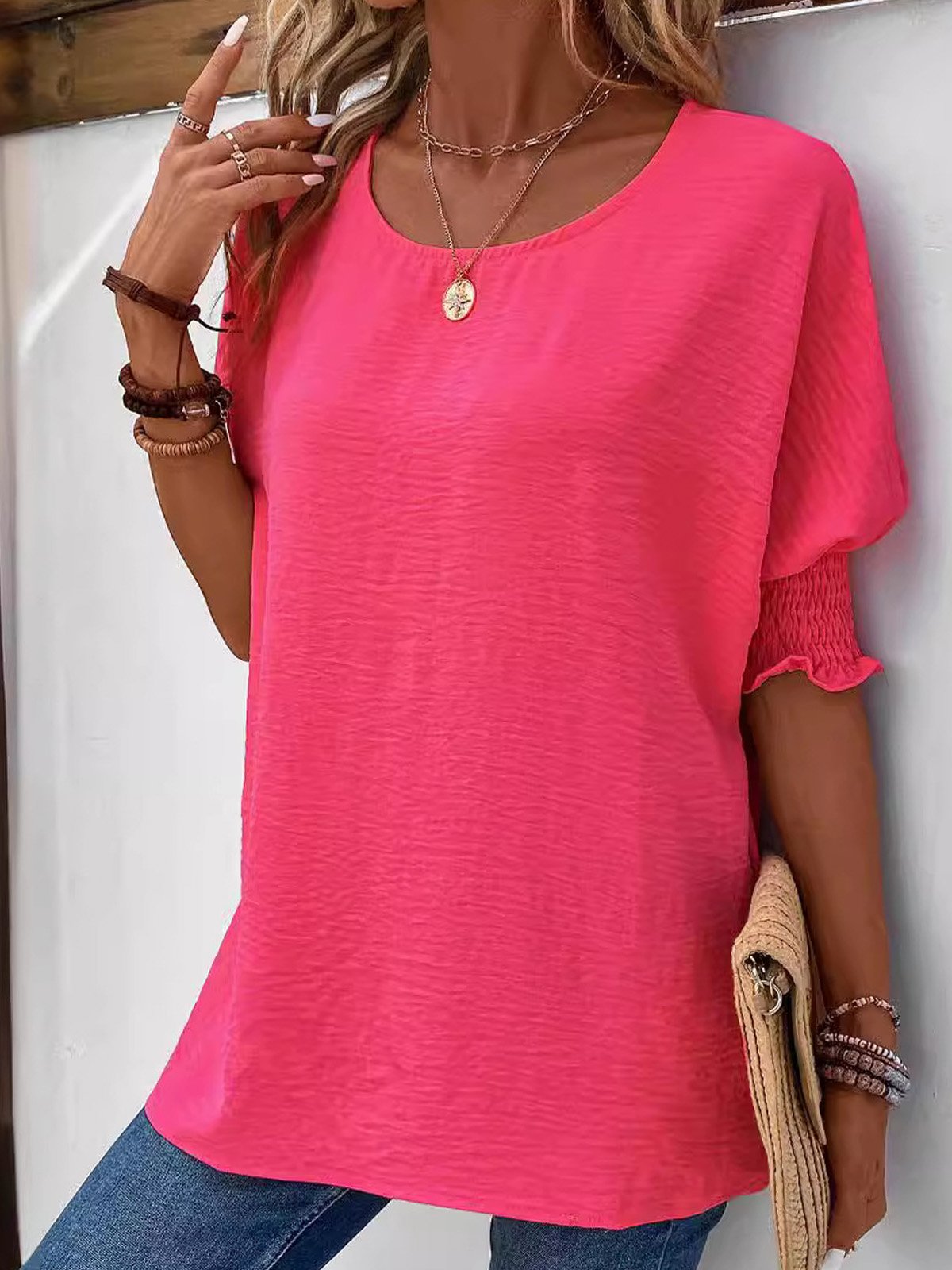 Loose Short Sleeve Crew Neck Plain Casual Regular Blouse