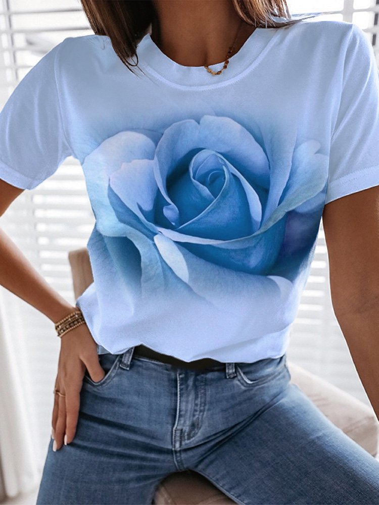 Casual Short Sleeve Crew Neck Floral Loose Regular T-Shirt