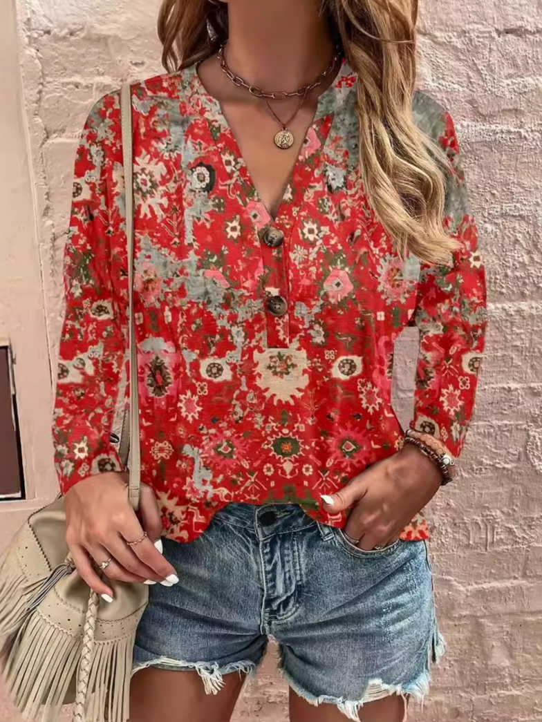 Loose Long Sleeve V Neck Ethnic Casual Regular Blouse