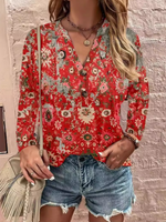 Loose Long Sleeve V Neck Ethnic Casual Regular Blouse